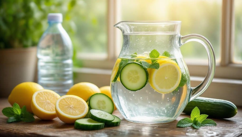 Fresh cucumber and lemon infused water with mint in a glass pitcher, surrounded by whole lemons, sliced cucumbers, and a water bottle on a wooden table, with natural daylight streaming in.