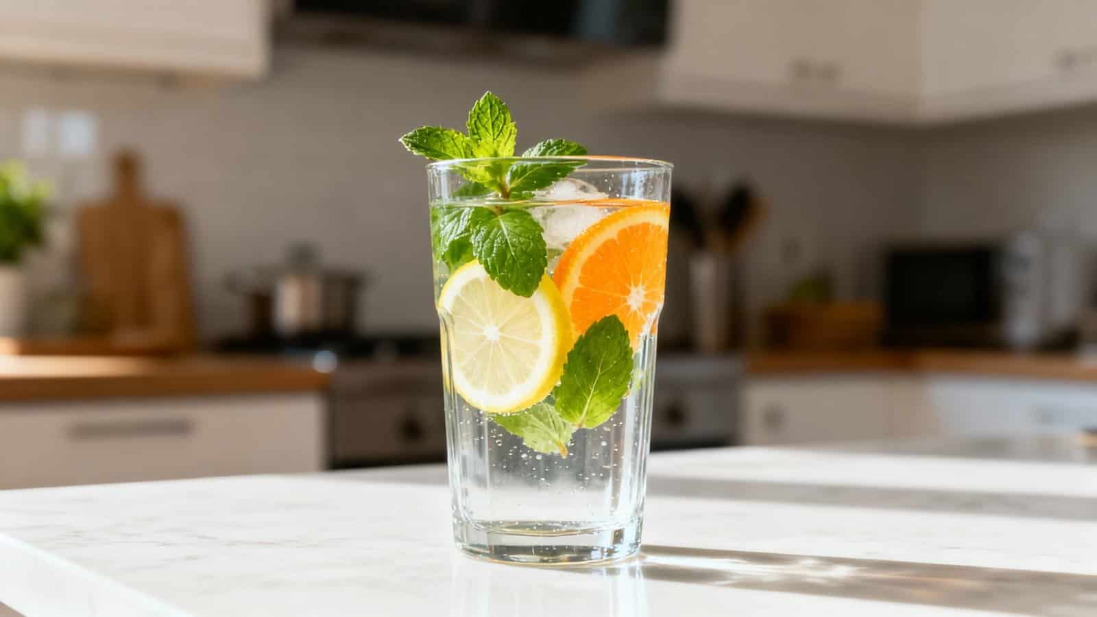 Refreshing citrus and mint infused water in a clear glass on a kitchen counter, promoting hydration and health benefits, suitable for a fitness and wellness lifestyle.