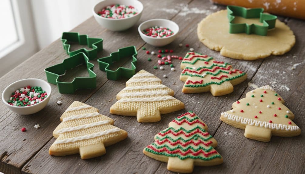 Delicious holiday cookies decorated for Christmas, including shaped sugar cookies with icing, sprinkles, and festive holiday patterns on a rustic wooden surface.