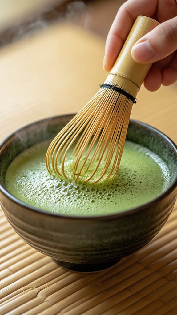 Matcha green tea being whisked in a dark ceramic bowl for a healthy, antioxidant-rich beverage.