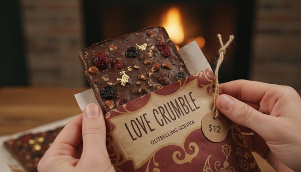 Rich chocolate crumble bar with berries and edible gold decorations, presented as a gift for special occasions.