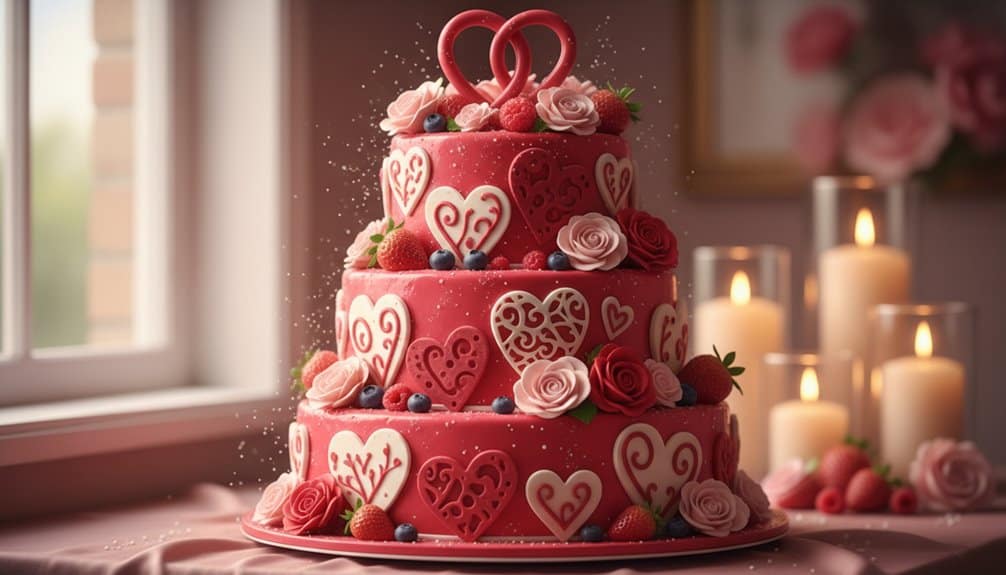 Delicious three-tier strawberry cake decorated with white and pink heart designs, roses, and mixed berries, set among lit candles for a romantic celebration.