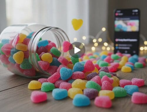 Bright colorful gummy vitamins spilling from a jar on a wooden surface with a blurred smartphone in the background.