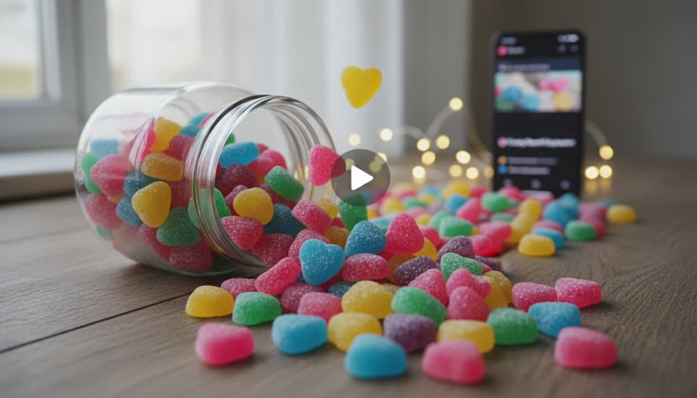Bright colorful gummy vitamins spilling from a jar on a wooden surface with a blurred smartphone in the background.