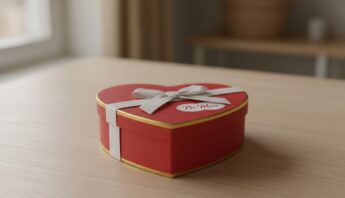 A red heart-shaped gift box with a white ribbon and "Be Mine" note, perfect for Valentine's Day or expressing love. Beautifully designed for romantic occasions and special moments.