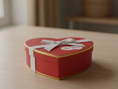 A red heart-shaped gift box with a white ribbon and "Be Mine" note, perfect for Valentine's Day or expressing love. Beautifully designed for romantic occasions and special moments.