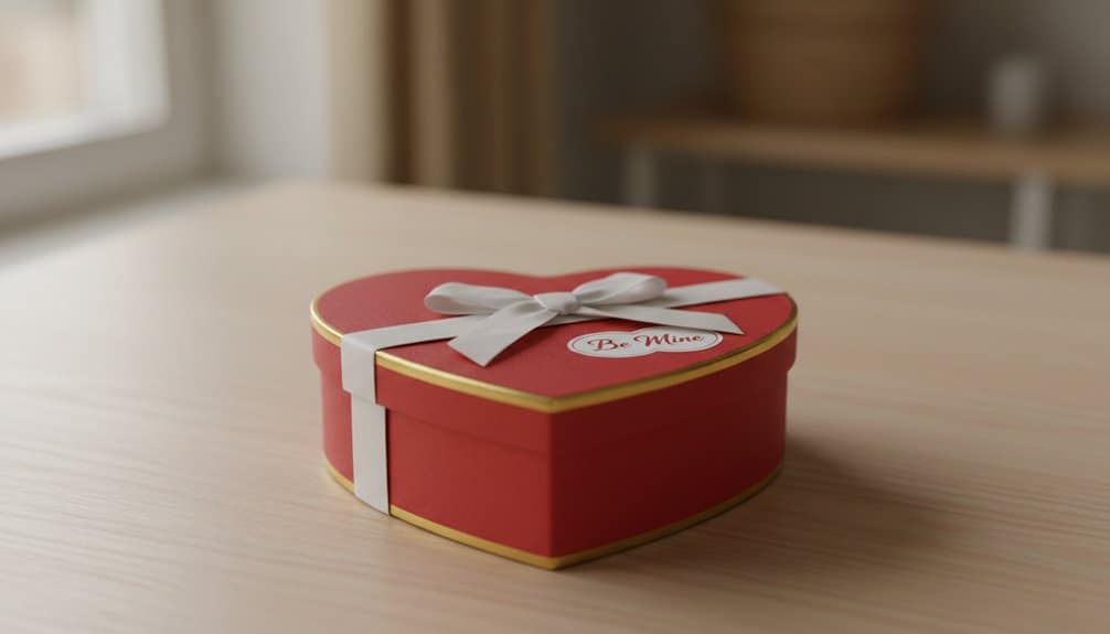 A red heart-shaped gift box with a white ribbon and "Be Mine" note, perfect for Valentine's Day or expressing love. Beautifully designed for romantic occasions and special moments.
