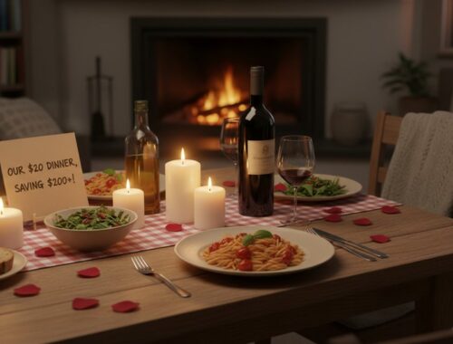 A cozy dinner scene featuring a romantic setting with candles, wine, pasta, salad, and bread on a wooden table in front of a fireplace.