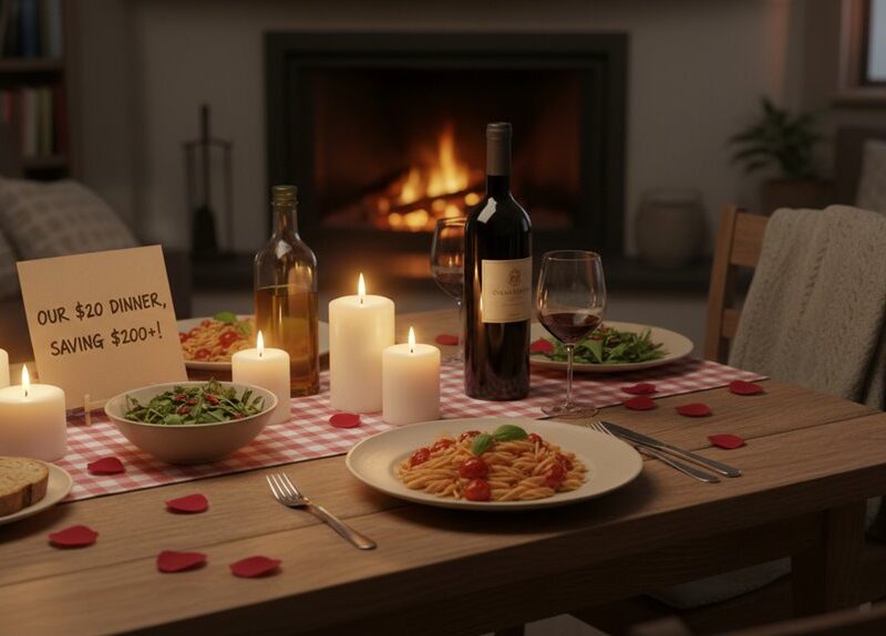 A cozy dinner scene featuring a romantic setting with candles, wine, pasta, salad, and bread on a wooden table in front of a fireplace.