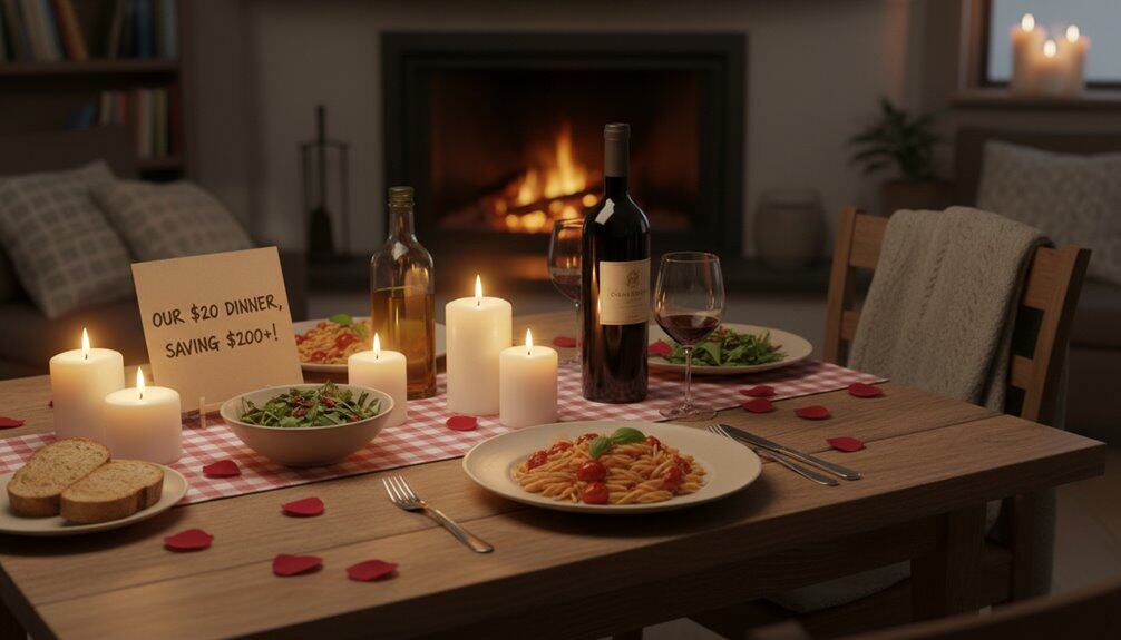 A cozy dinner scene featuring a romantic setting with candles, wine, pasta, salad, and bread on a wooden table in front of a fireplace.
