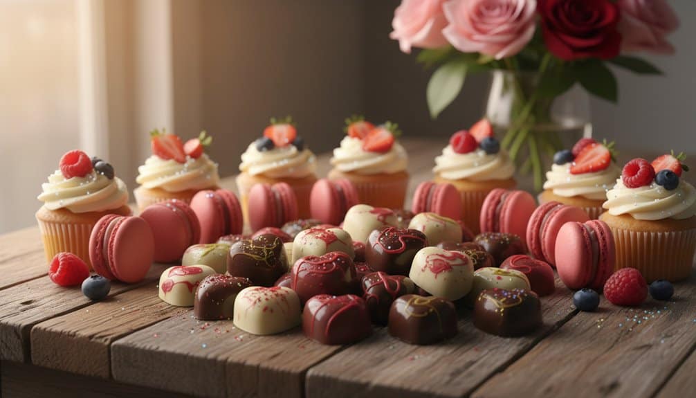 Delicious cupcakes, macarons, and chocolates arranged on a rustic wooden table, complemented by a bouquet of pink roses in the background. Perfect for celebrating special occasions with a touch of elegance.