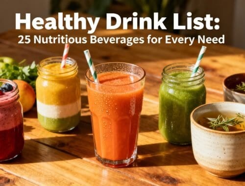 Refreshing colorful smoothies and herbal teas in jars and cups on a wooden table promoting healthy hydration and nutritious beverage choices for wellness.