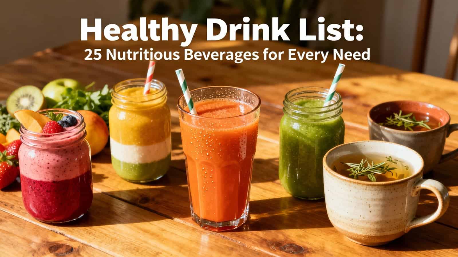 Healthy Drink List: 25 Nutritious Beverages for Every Need 1 Refreshing colorful smoothies and herbal teas in jars and cups on a wooden table promoting healthy hydration and nutritious beverage choices for wellness.