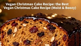 Delicious vegan Christmas cake with moist texture, rich flavors, and festive toppings, perfect for holiday celebrations. Made without animal products, suitable for vegans.