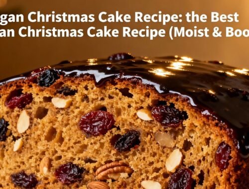 Delicious vegan Christmas cake with moist texture, rich flavors, and festive toppings, perfect for holiday celebrations. Made without animal products, suitable for vegans.