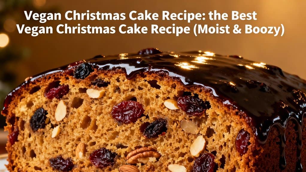 Delicious vegan Christmas cake with moist texture, rich flavors, and festive toppings, perfect for holiday celebrations. Made without animal products, suitable for vegans.