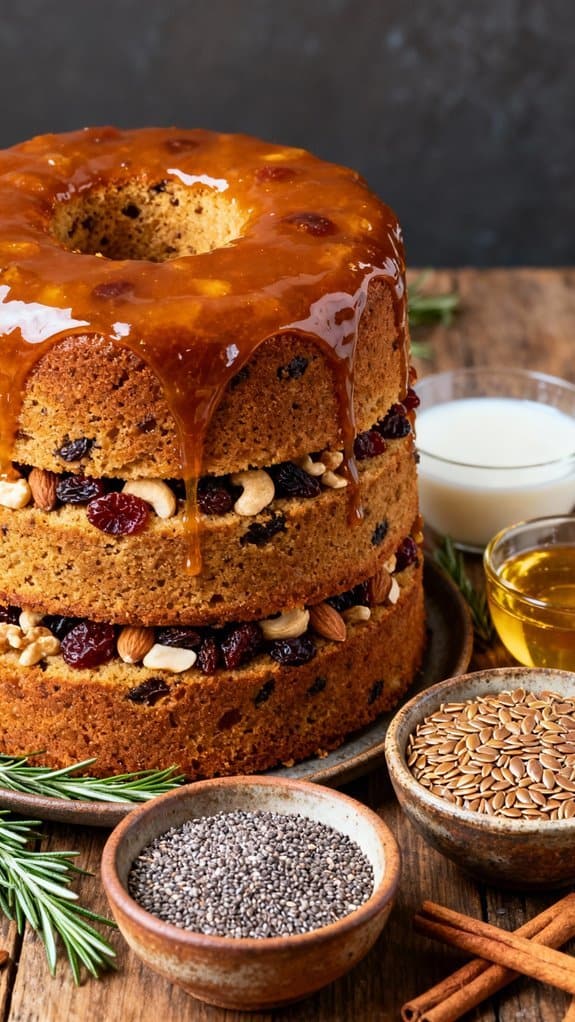 Healthy homemade carrot cake with nuts, dried fruits, and a caramel glaze. Perfect for a flavorful, nutritious treat.
