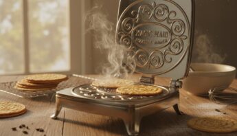A mini pancake maker with steam rising, cooking small pancakes on a wooden countertop, with plates and utensils nearby, creating a cozy breakfast scene.
