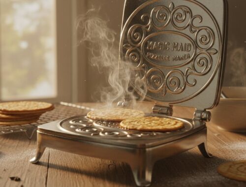 A mini pancake maker with steam rising, cooking small pancakes on a wooden countertop, with plates and utensils nearby, creating a cozy breakfast scene.