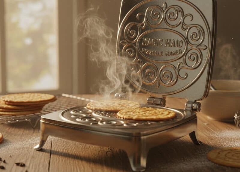 A mini pancake maker with steam rising, cooking small pancakes on a wooden countertop, with plates and utensils nearby, creating a cozy breakfast scene.