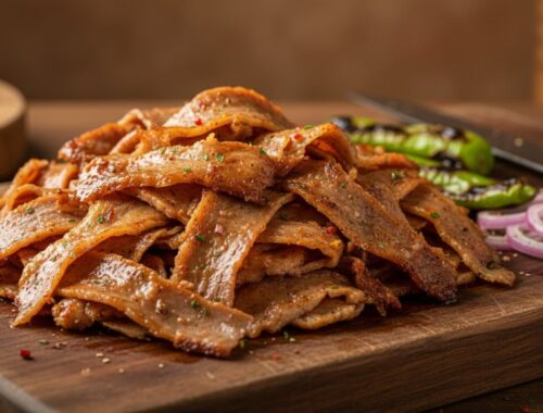 Juicy, crispy grilled pork belly served with sliced onions and jalapenos on a wooden cutting board. Perfect for healthy eating and flavorful meals.