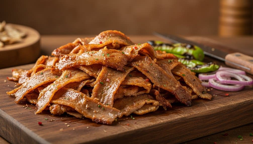 Juicy, crispy grilled pork belly served with sliced onions and jalapenos on a wooden cutting board. Perfect for healthy eating and flavorful meals.