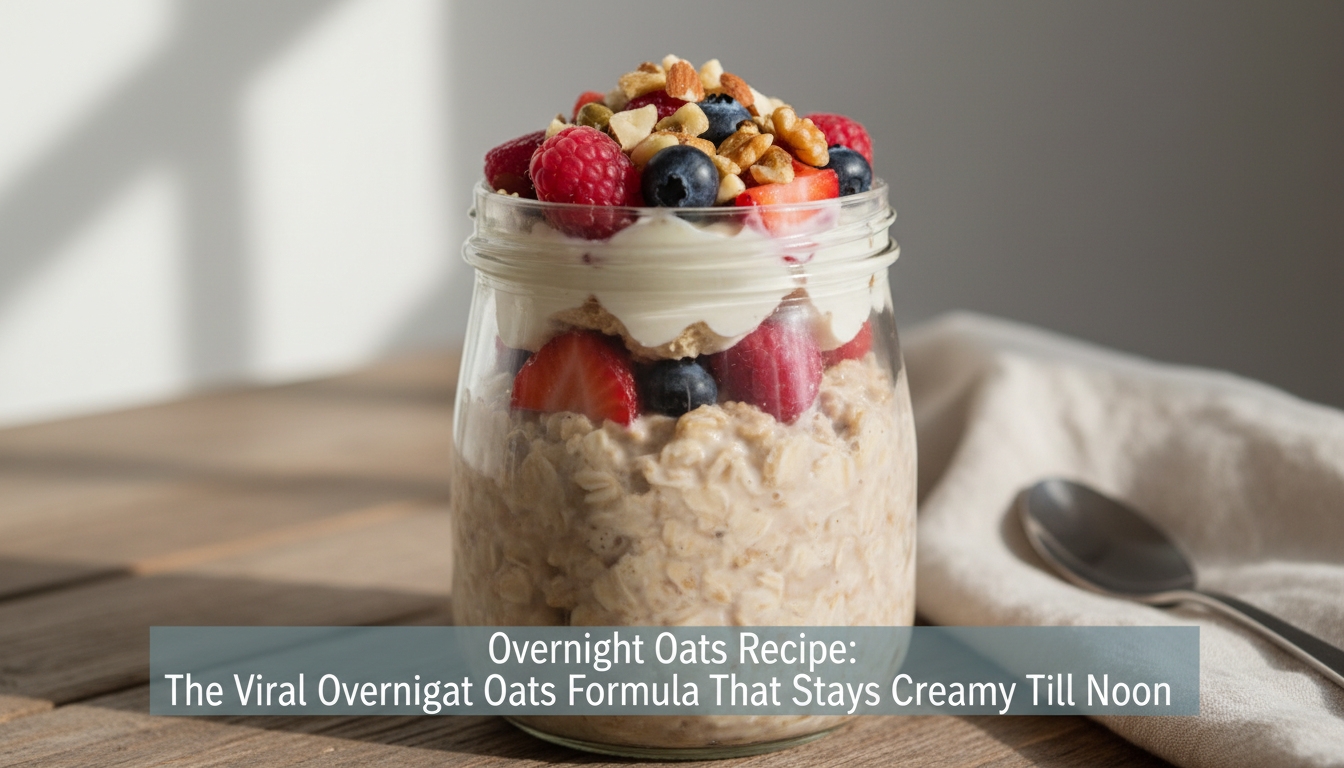 Delicious overnight oats topped with fresh strawberries, blueberries, raspberries, and granola in a glass jar, perfect for a healthy breakfast.
