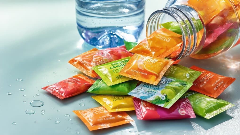 Colorful water flavoring packets spilling from a pill bottle with a glass of water in the background, promoting hydration and healthy beverage options.