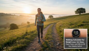 A woman jogging on a scenic trail during sunrise in a lush, green hilly landscape with trees and wildflowers, promoting outdoor fitness and healthy lifestyle.