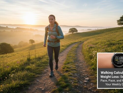 A woman jogging on a scenic trail during sunrise in a lush, green hilly landscape with trees and wildflowers, promoting outdoor fitness and healthy lifestyle.