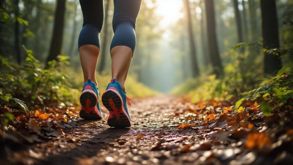 Running on a forest trail during sunrise, showcasing fitness and outdoor activity benefits.