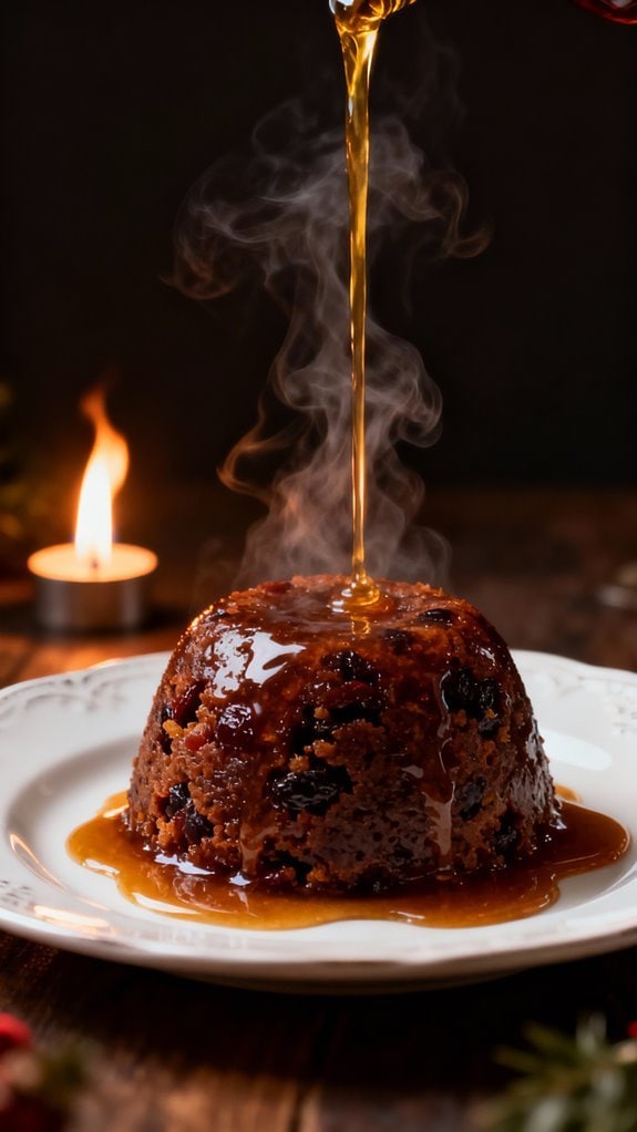 Rich steamed dessert topped with warm caramel sauce.
