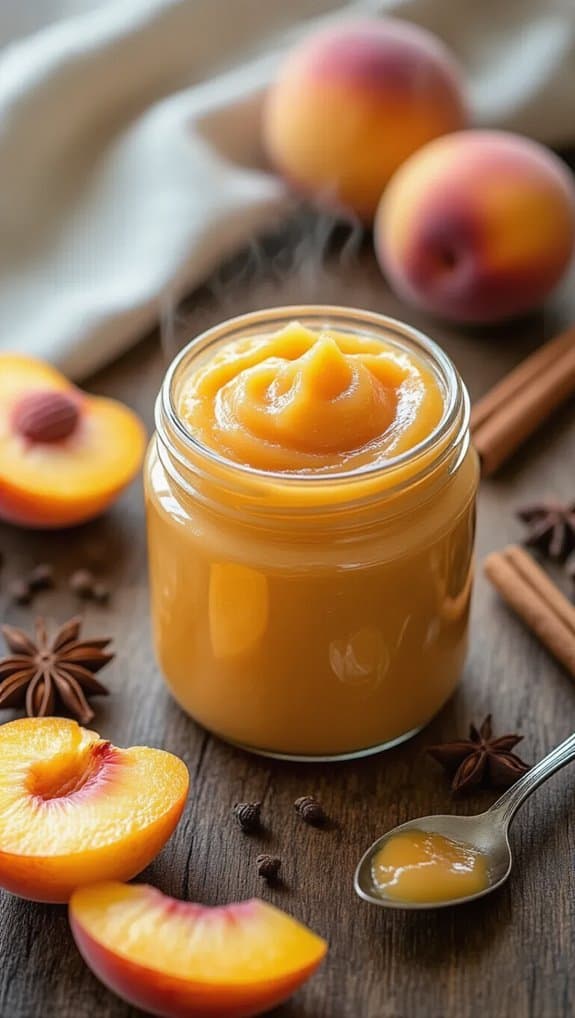 Yummy Homemade Peach Butter Recipe Everyone will Love 3 Peach jam in a glass jar with fresh peach slices, star anise, cinnamon sticks, and a spoonful of jam on a wooden surface, showcasing healthy and flavorful fruit spreads.