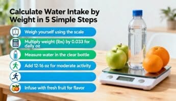 Calculate water intake by weight in 5 simple steps infographic with apples, oranges, water bottle on kitchen scale.