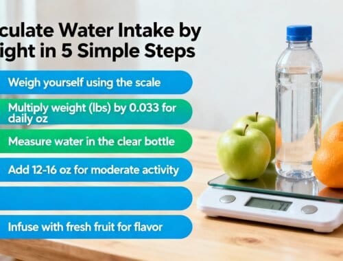 Calculate water intake by weight in 5 simple steps infographic with apples, oranges, water bottle on kitchen scale.