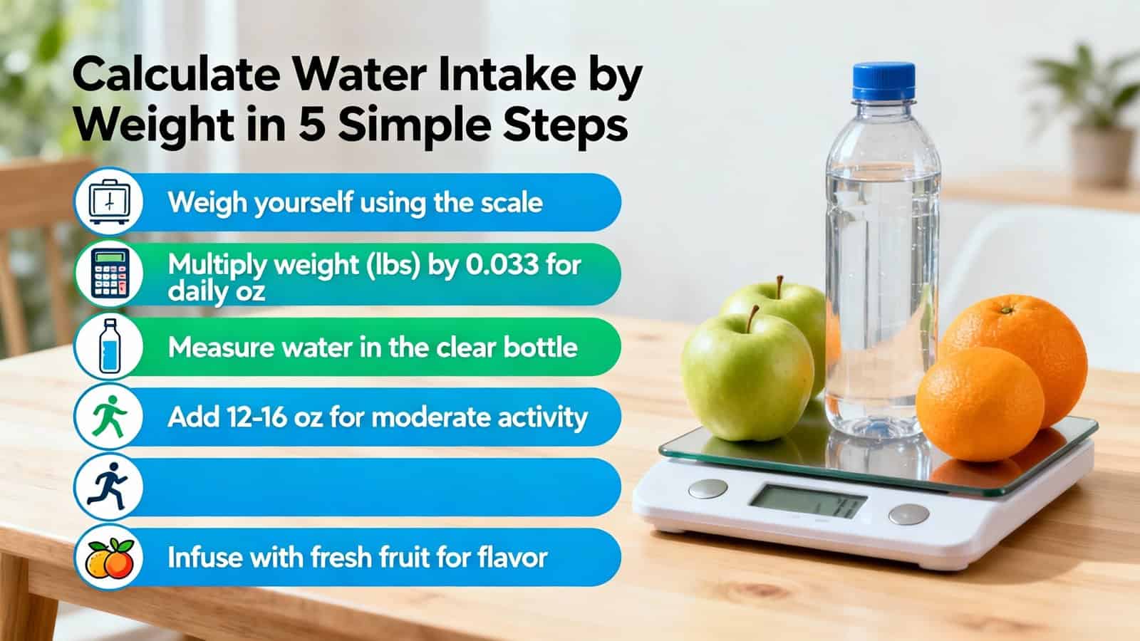 Calculate water intake by weight in 5 simple steps infographic with apples, oranges, water bottle on kitchen scale.