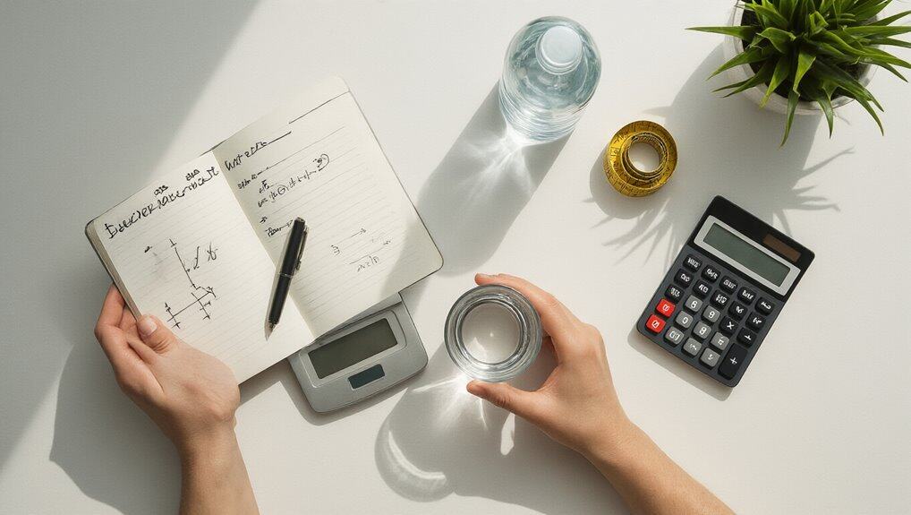 How to Calculate Water Intake With a Simple Step-By-Step Guide 2 - Open notebook with handwritten notes and graphs, pen resting on pages, surrounded by a glass of water, calculator, measuring tape, and a plant on a white desk.