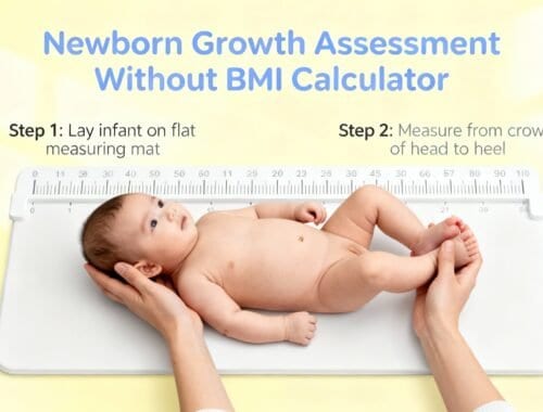 Baby lying on a measuring scale with hands holding its head and ankle, demonstrating newborn growth assessment without BMI calculator, step-by-step instructions for measuring infant length.