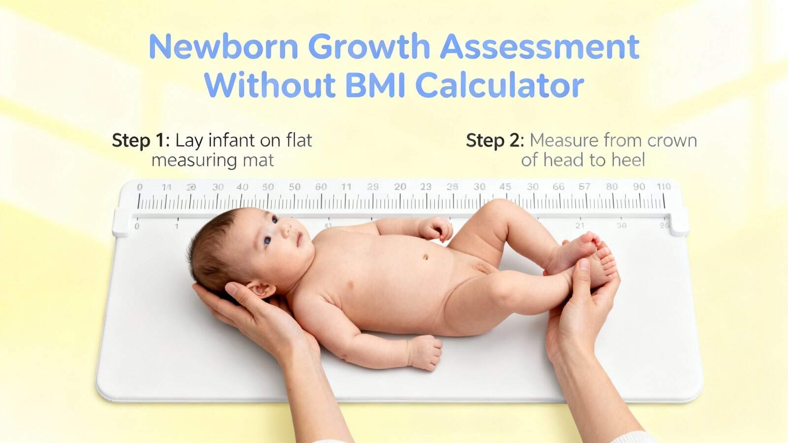 Baby lying on a measuring scale with hands holding its head and ankle, demonstrating newborn growth assessment without BMI calculator, step-by-step instructions for measuring infant length.