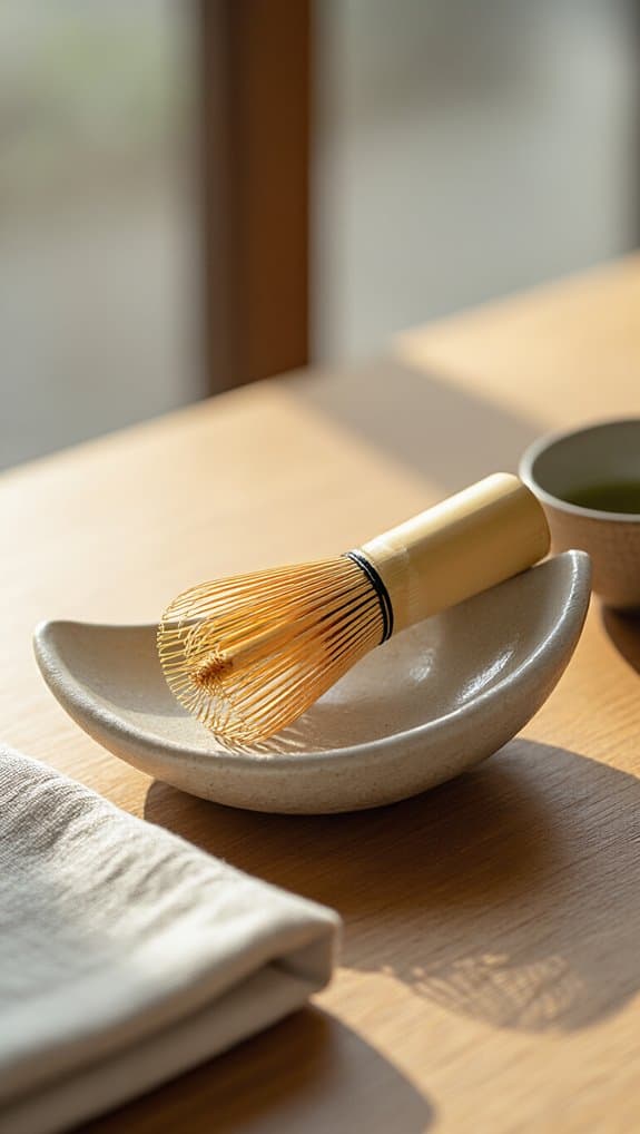 A traditional bamboo matcha whisk resting in a ceramic bowl next to a cup of green tea on a wooden table.