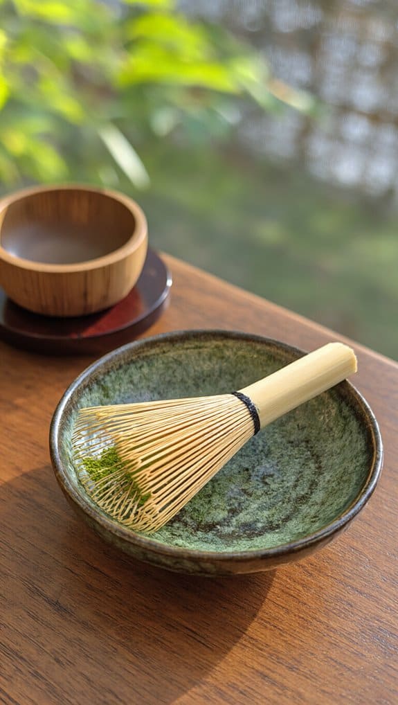 Zen tea ceremony with bamboo whisk and bowl for matcha green tea relaxation and mindfulness practice healthy lifestyle mindful drinking.