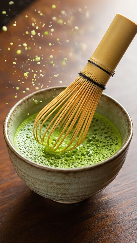 Matcha green tea being whisked in a rustic bowl, highlighting its vibrant color and traditional preparation method for health-conscious beverages and energy boost.