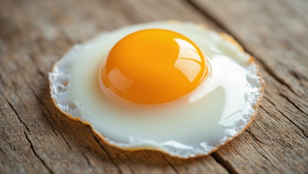 Sunny-side up fried egg on rustic wooden surface for healthy breakfast option.
