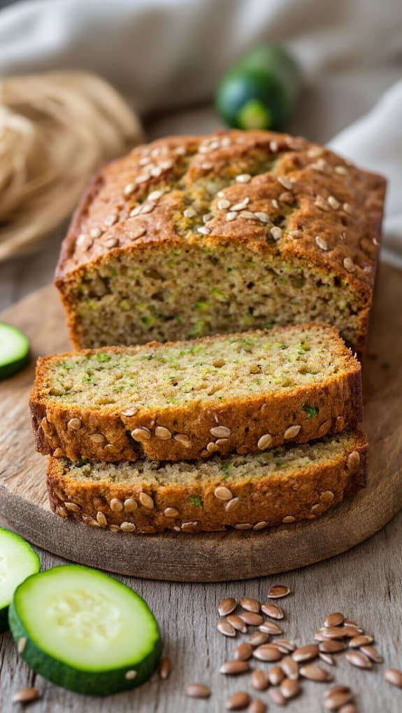 Healthy zucchini banana bread loaf with sunflower seeds on top, sliced and placed on a wooden cutting board with cucumber slices and flax seeds around.