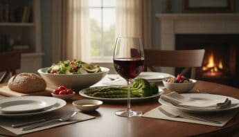 Delicious meal with salad, asparagus, bread, berries, and a glass of red wine on a warm, inviting dining table with a cozy fireplace in the background.