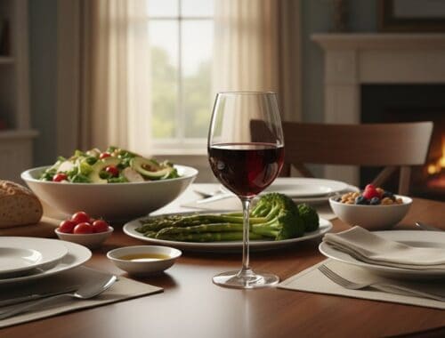 Delicious meal with salad, asparagus, bread, berries, and a glass of red wine on a warm, inviting dining table with a cozy fireplace in the background.