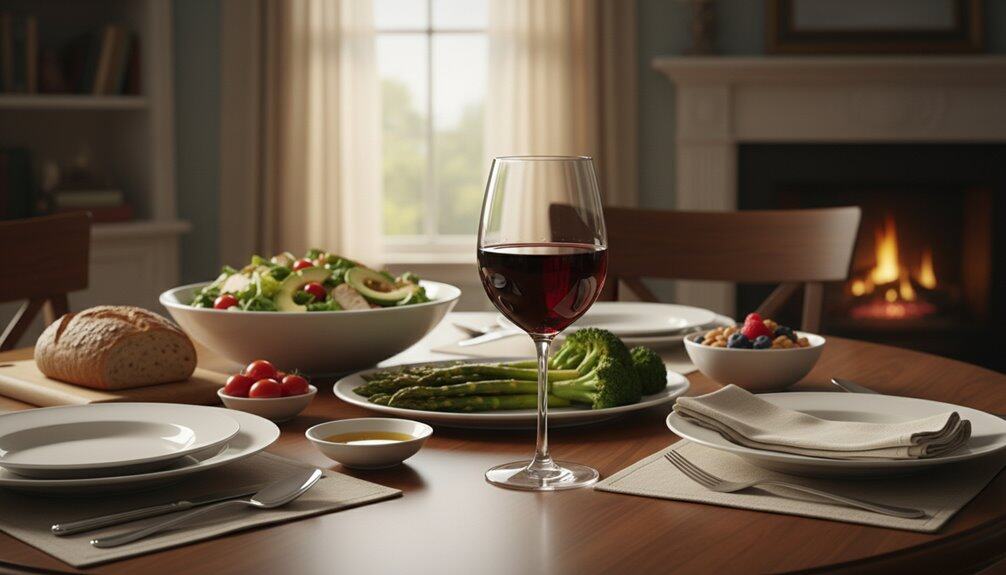 Delicious meal with salad, asparagus, bread, berries, and a glass of red wine on a warm, inviting dining table with a cozy fireplace in the background.