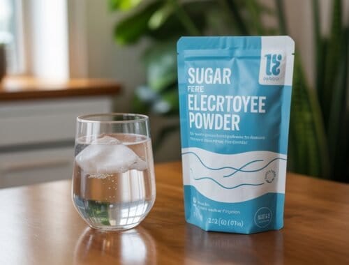 Electrolyte powder package next to a glass of water with ice, on a wooden surface, promoting hydration and electrolyte replenishment for health and fitness.