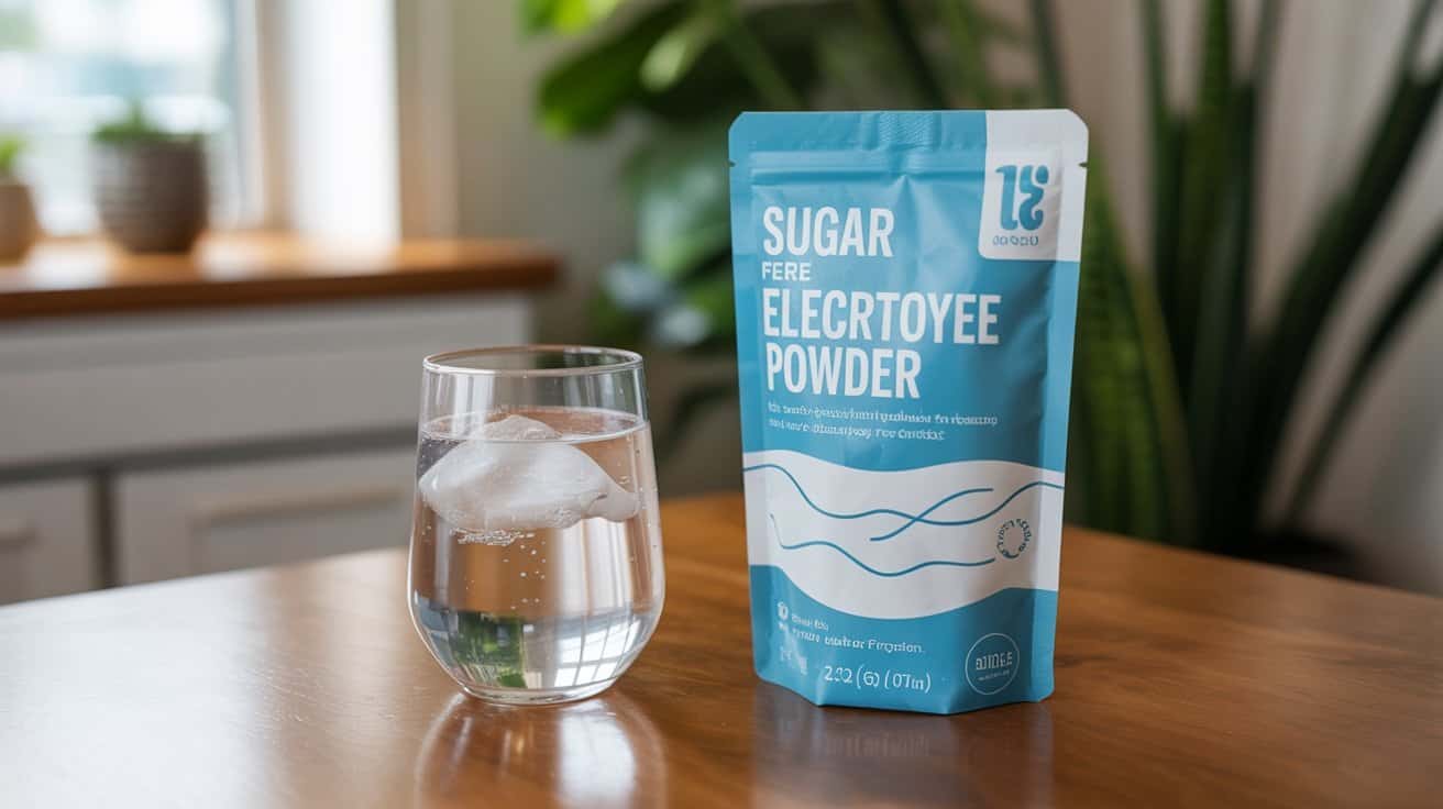 Electrolyte powder package next to a glass of water with ice, on a wooden surface, promoting hydration and electrolyte replenishment for health and fitness.