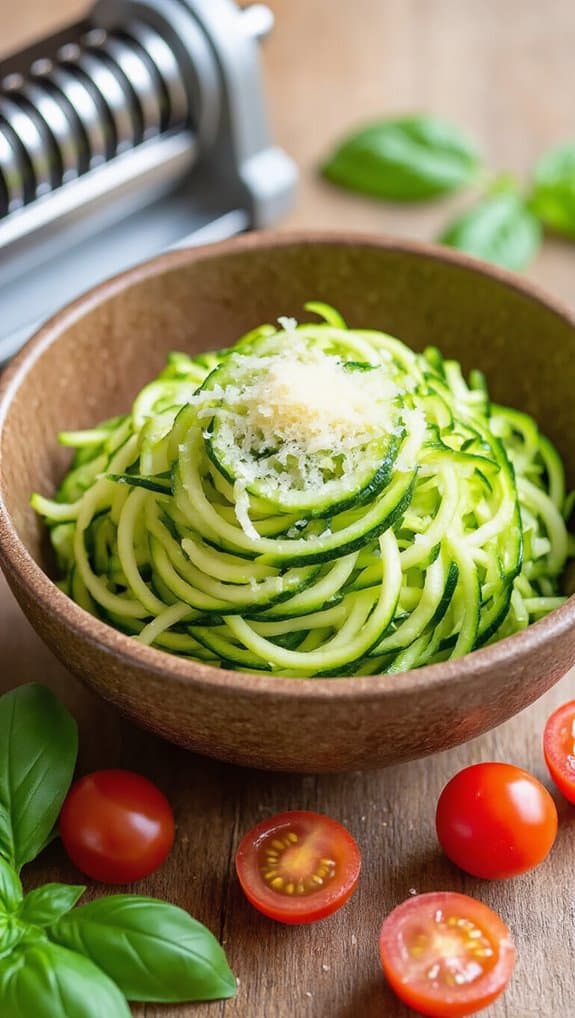 Zucchini noodles in a wooden bowl with cherry tomatoes and fresh basil, healthy vegetable dish, low-carb gluten-free meal alternative, vibrant green spiralized zucchini, nutritious plant-based recipe.